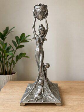 Vintage Art Nouveau Style Candle Holder Classical Maiden with Cherubs Pewter